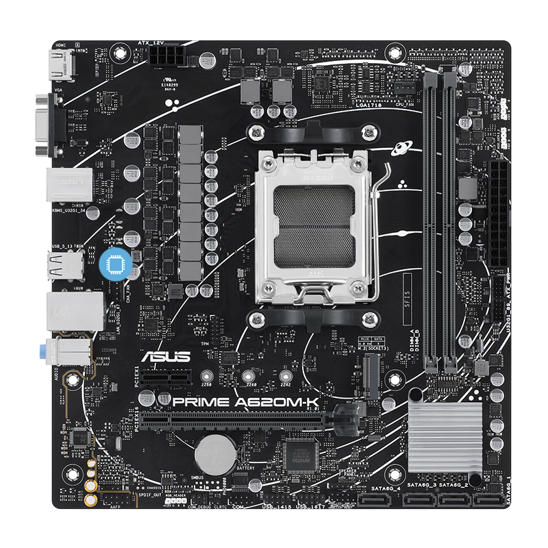 Imagen del Asus PRIME A620M-K, , , m.2 PCIe 4.0, 1GbE, HDMI, VGA, m-ATX AM5 A620