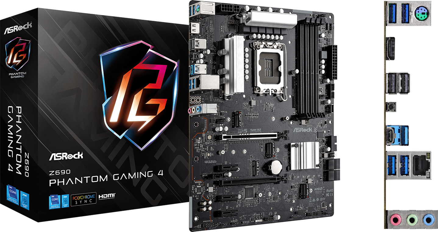 Imagen del Asrock Z690M Phantom Gaming 4, Tarjeta Madre Intel® Z690, 4* , Audio 7.1, Gigabit LAN, PCIe 4.0, Hyper Socket M.2, SATA3, RAID, HDMI, USB 3.2 Gen2, Micro ATX. LGA1700 Z690
