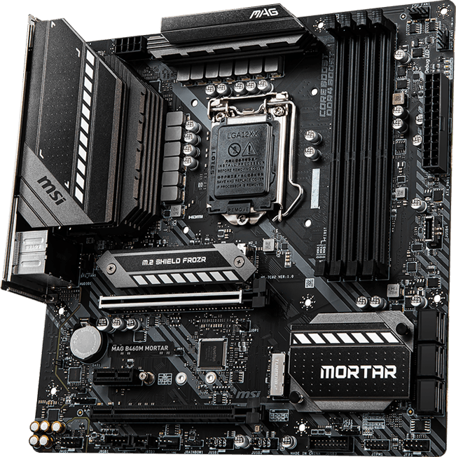 Imagen del MSI MAG B460M MORTAR, Tarjeta Madre Intel® B460, 4* , PCIe 3.0, SATA, M.2, RAID, USB 3.2, Audio 7.1, S/PDIF OUT Optical, 2.5G LAN, DisplayPort, HDMI, mATX. LGA1200 B460
