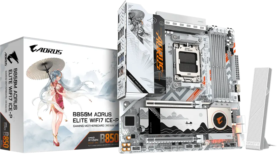 Imagen del Gigabyte B850M AM5 support for AMD Ryzen 9000, 8000, 7000, 4 x DIMM Dual channel Wi-Fi 7 BT 5.4 (B850M AORUS ELITE WIFI7 ICE-P). AM5 B850