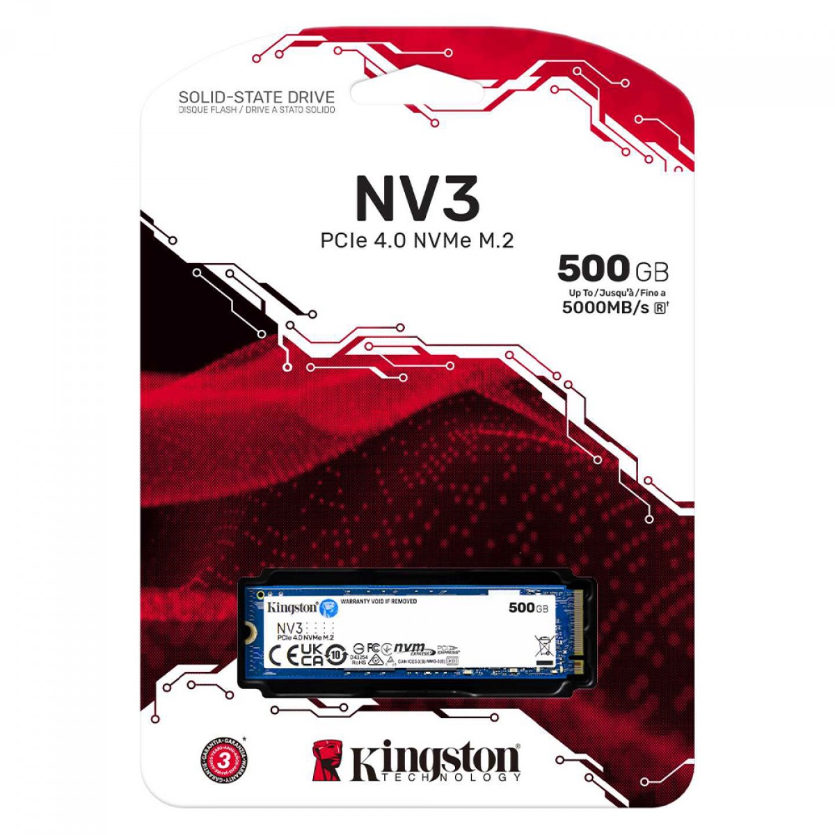 Imagen del Kingston Unidad SSD Kingston NV3, 500GB, M.2 2280, NVMe PCIe 4.0 x4, Lectura 6000MB/s Escritura 5000MB/s 500GB PCIe 4.0