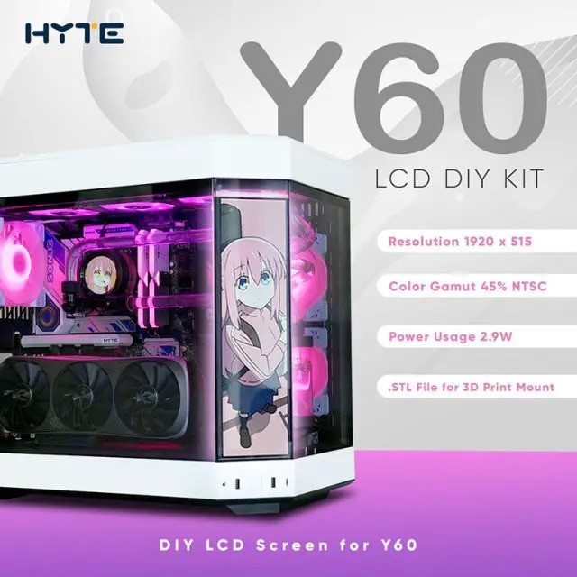 HYTE Y60 LCD DIY Kit de 12,6" 1920 x 515 IPS Bar LCD Screen HDMI for Hyte Y60 Secondary Monitor Easy Install Dimension Y60 ATX