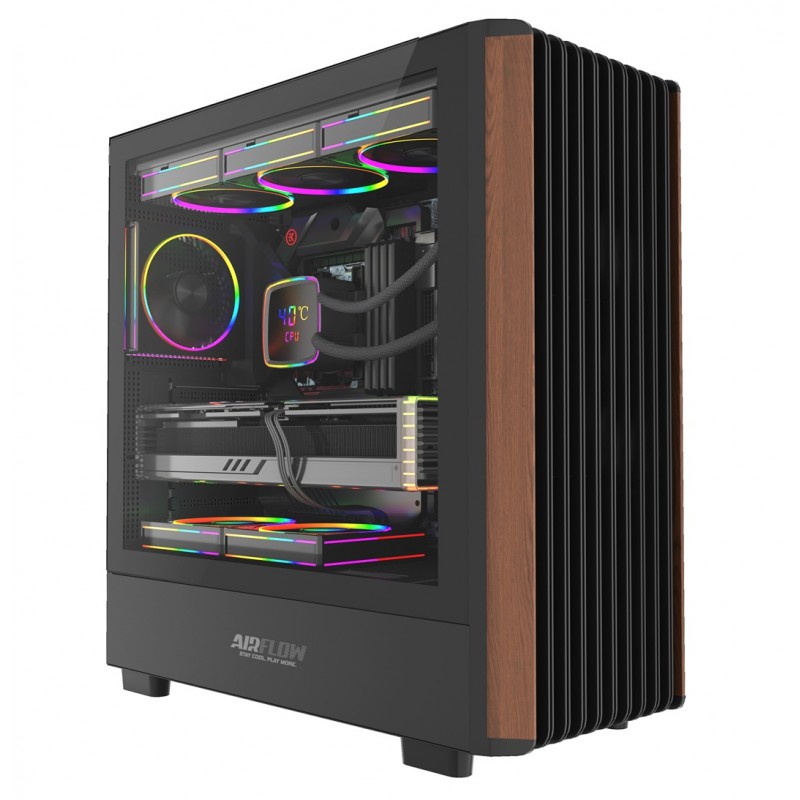 AIRFLOW ROBLE Artis Black/Madera, USB-C x4 Fan, Gabinete ATX E-ATX SSI CEB y SSI EEB E-ATX